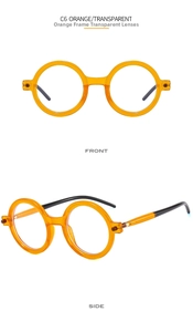 Front and 45-degree side view of round orange transparent frames with black temples