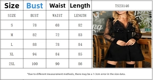 Size guide for the black mesh sequin dress with S to 2XL bust and waist measurements