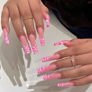 Pink French Zebra Pattern Press On Nails Long Ballerina Shape Wearable False Nails With Adhesive Glue For Women