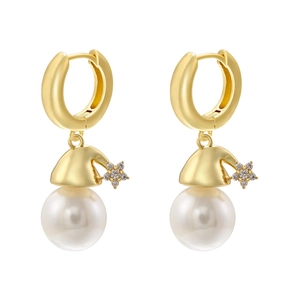 Elegant gold hoop earrings with star charms and white pearls for Christmas