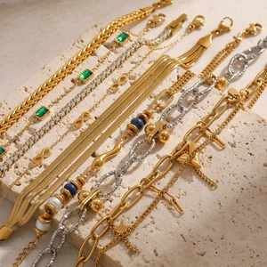 Minimalist gold and silver stainless steel bracelets with pearls and zircon on stone