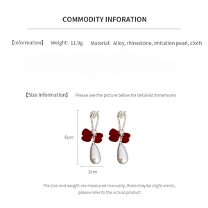 Detailed dimensions of silver needle bow earrings with pearls and tassel, size 6cm by 2cm