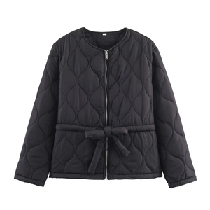 Women's black quilted jacket with waist drawstring belt and metal zipper closure