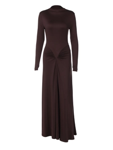 Detail view of the twisted waist design on a brown long sleeve knit dress