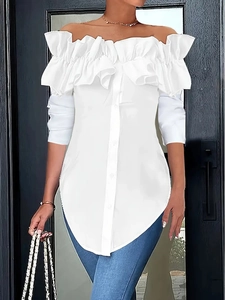 Detail of white off-shoulder shirt with ruffled sleeves and woven texture for women