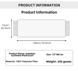 Detailed chart showing size 72x180cm and 100% polyester fiber material for plaid scarf