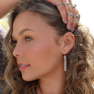 Vintage silver geometric engraved drop earrings and ring set in bohemian style