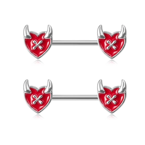 Gothic devil heart nipple rings with red enamel and crossbones in polished steel