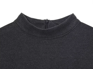 Detail of high neck dress with back zipper and soft wool texture in dark grey