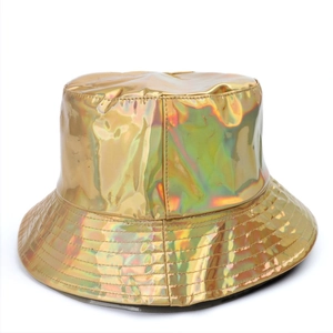 Detail of gold holographic bucket hat showing reflective metallic texture and stitching