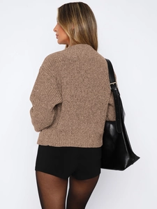 Back view of brown knit long sleeve sweater for women with professional studio lighting