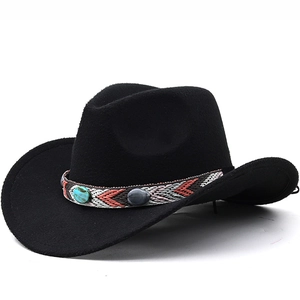 Vintage Western Cowboy Hat Felt Wide Brim Fedora With Turquoise Beaded Woven Band Ethnic Jazz Outdoor Sun Cap