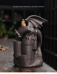 Detail of purple sand dragon incense burner showing smooth texture and castle design