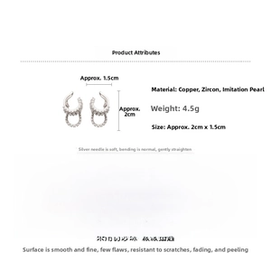 Macro view of silver color zircon and pearl ear cuff with detailed size measurements