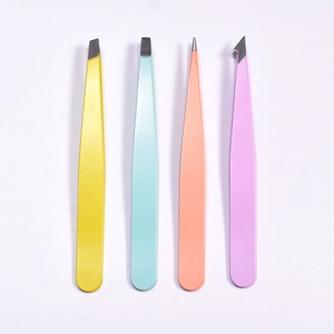Set of 4 colorful stainless steel tweezers with different tips and leather case
