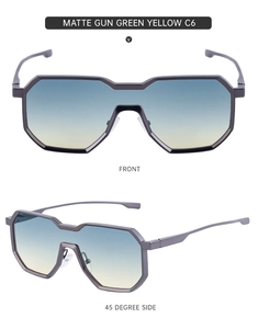 Detailed views of matte gunmetal punk sunglasses with large gradient lenses in C6 style