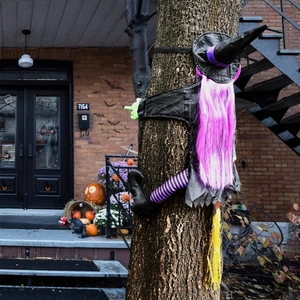 Detailed Halloween crashing witch with purple hair tied to a tree for outdoor decor