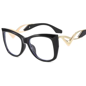 Women butterfly cat-eye sunglasses with black frame and golden hollow curved temples