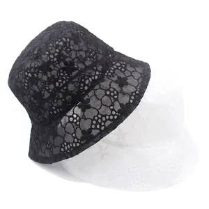 Cappelli a secchiello in organza trasparente con pizzo floreale nero e bianco per il sole