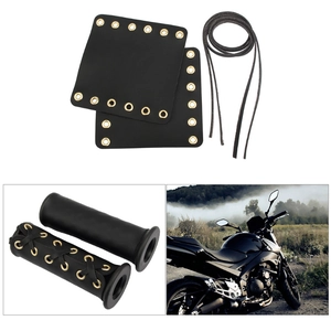 Retro black leather motorcycle handlebar covers with golden eyelets and tie ropes