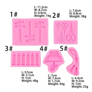 Five styles of pink silicone molds for fondant showing scissors, umbrellas, and rope shapes