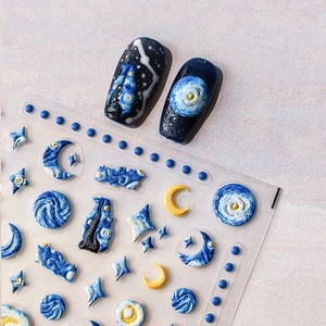 3D embossed Starry Night nail art stickers with golden moon and blue vortex patterns
