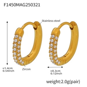 Detailed view of 14mm gold stainless steel hoop earrings with zircon stones and dimensions