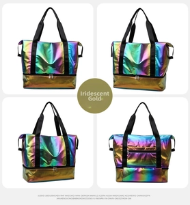Macro details of foldable travel bag in metallic rainbow gold with bottom shoe compartment