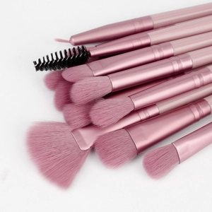Pink 12-piece eye makeup brush set with soft bristles and spoolie on white background