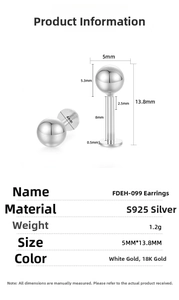 Detailed size specifications for S925 sterling silver ball stud earrings showing 13.8mm length