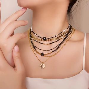 French vintage layered black spinel beaded necklace with pearl and star pendant for women