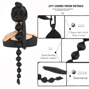 75cm black bubble ponytail extension with hand-knitted design and secure hair circle