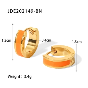 Detail view of 18K gold plated titanium hoop earrings with orange enamel and dimensions