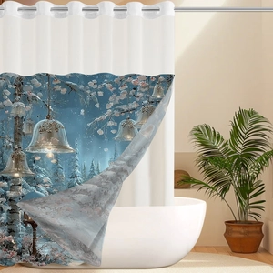 Close-up of waterproof fabric shower curtain with winter bell pattern and metal eyelets