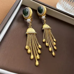 Boucles D'oreilles Longues À Pompons Vintage En Cuivre Künstliche Perle Résine Gemme Strass Clips D'oreilles Pour Femmes Bijoux Rétro