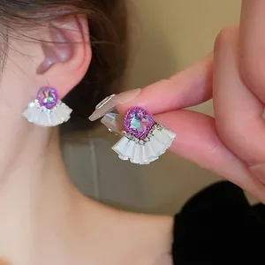 Elegant Chinese style earrings with purple gemstones, rhinestones and white pleated fringe