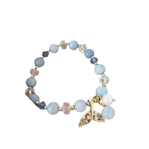 Ocean blue beaded bracelet with mermaid tail charm and pearls for women