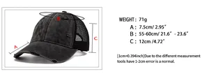 Size chart showing 7.5cm brim and 55-60cm head circumference for vintage mesh cap