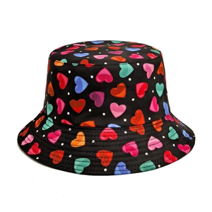 Colorful Heart Print Bucket Hat Polyester Sun Protection Foldable Summer Outdoor Retro Style For Women Valentine's Day