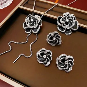 Black Camellia Flower Jewelry Alloy Enamel Rhinestone Necklace Silver Earring Post Brooch Ring Elegant Fashion For Women
