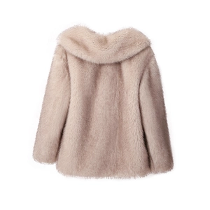 Detailed back view of women faux fur coat in beige showing soft texture and premium tailoring