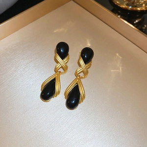Vintage Water Drop Earrings Alloy With Silver Earring Post Black Resin Crossed Gold Geometric Jewelry For Women