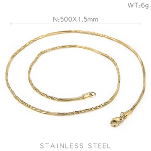 Detailed shot of 1.5mm golden stainless steel snake chain showing 500mm length specs