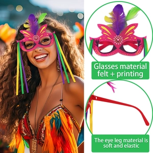 Pink carnival party glasses with feathers and colorful ribbons shown on a model