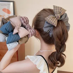 Chic checkered fabric bow scrunchie for high ponytail hairstyles in assorted colors