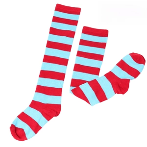 Close-up of kids' knitted crew socks featuring vibrant red and light blue horizontal stripes