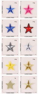 Detailed size chart showing ten colorful star embroidery patches with exact dimensions