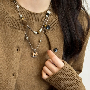 Double Layered Necklace With Tiger Eye Faux Artificial Pearl And Wooden Rocking Horse Pendant Retro Maillard Style For Women