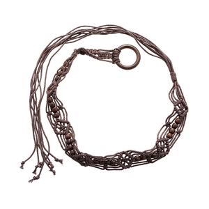 Bohemian braided waist chain with dark brown wood beads and circular buckle