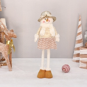 Standing plush Christmas snowman ornament with telescopic legs in champagne gold and beige